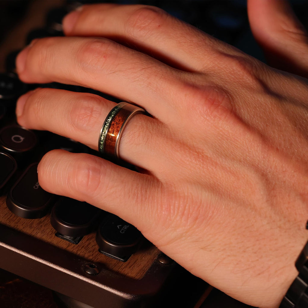 Koa Wood Moss Agate Tungsten Ring: Hawaiian Wedding Band
