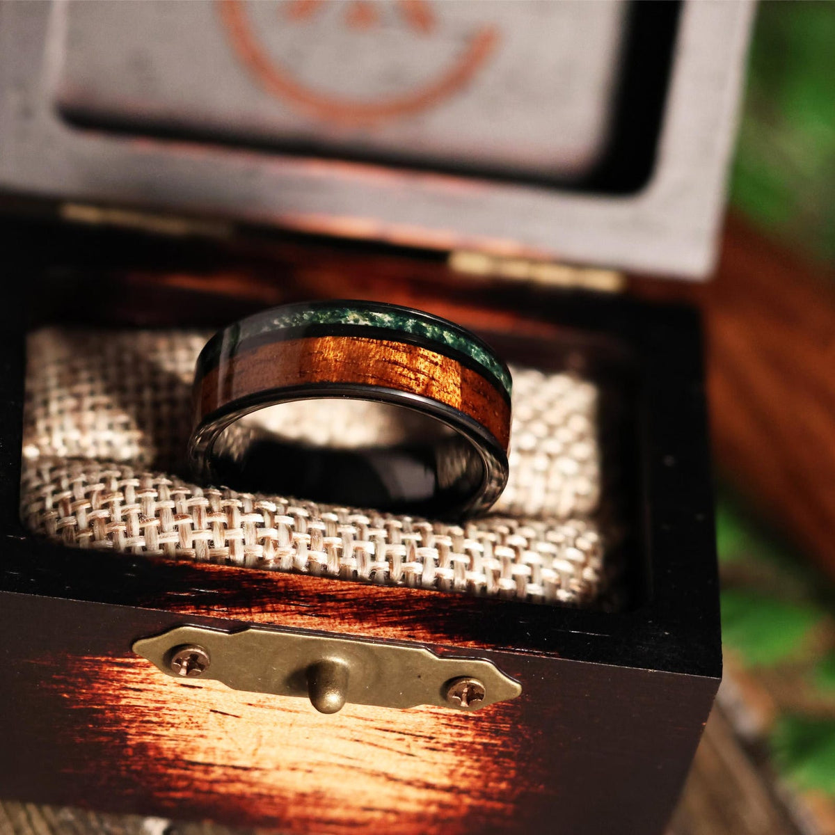 Mossy Koa: Moss Agate Hawaiian Koa Wood Tungsten Wedding ring band