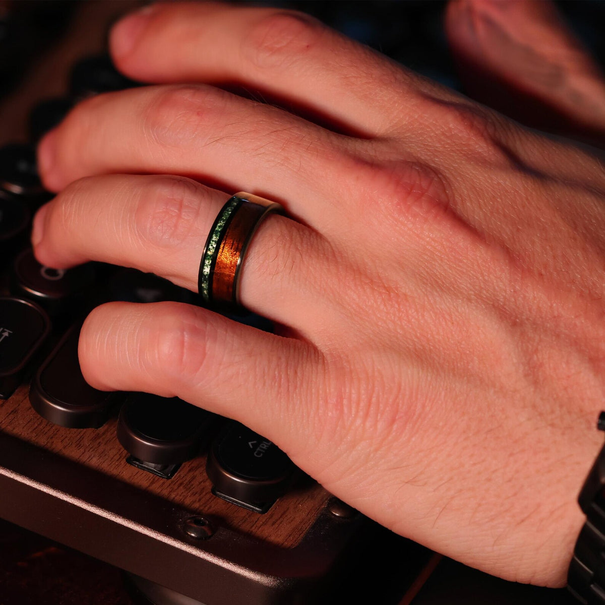 Mossy Koa: Moss Agate Hawaiian Koa Wood Tungsten Wedding ring band