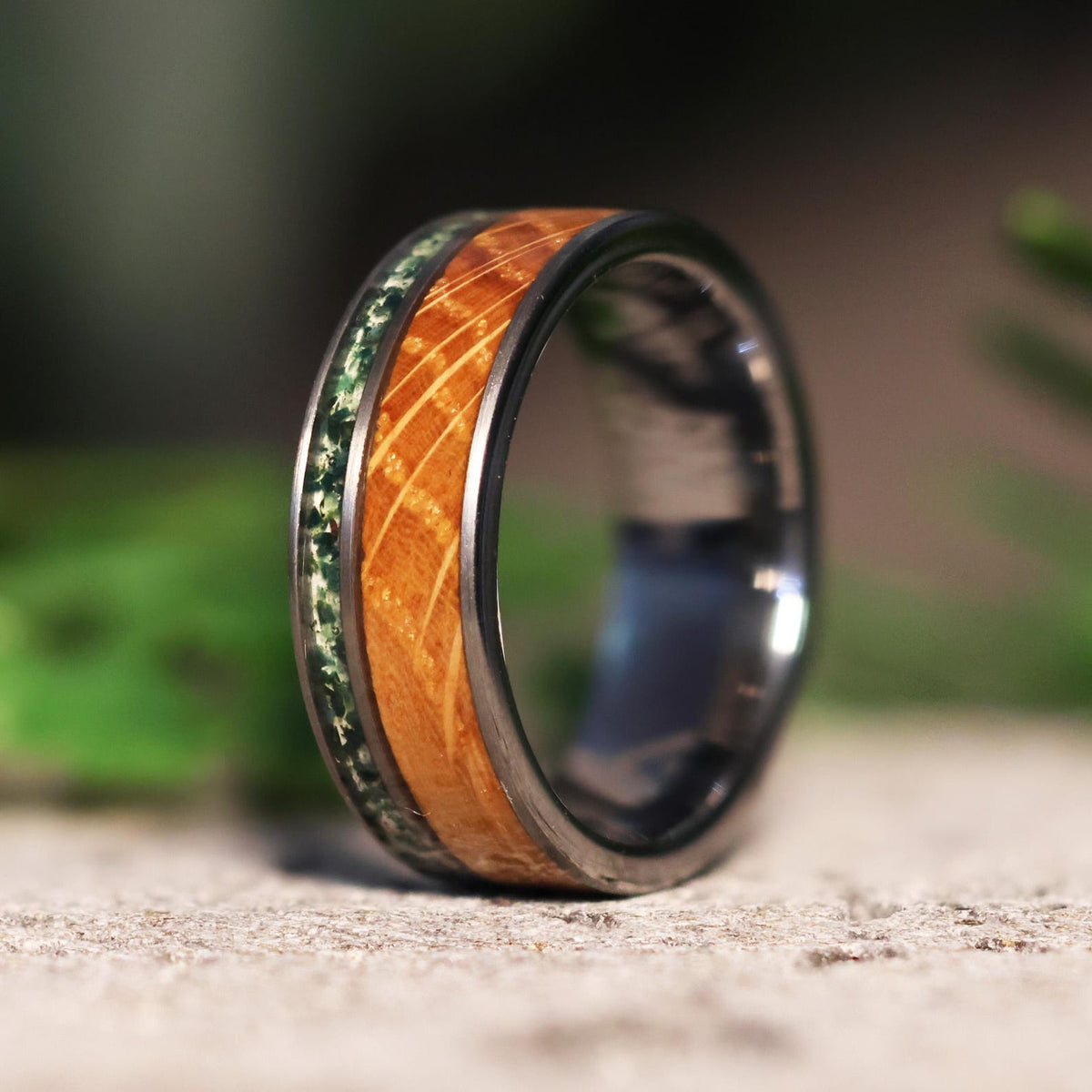 The Mossy Barrel: Whiskey Barrel x Moss Agate Gunmetal Tungsten Wood Wedding Ring Band