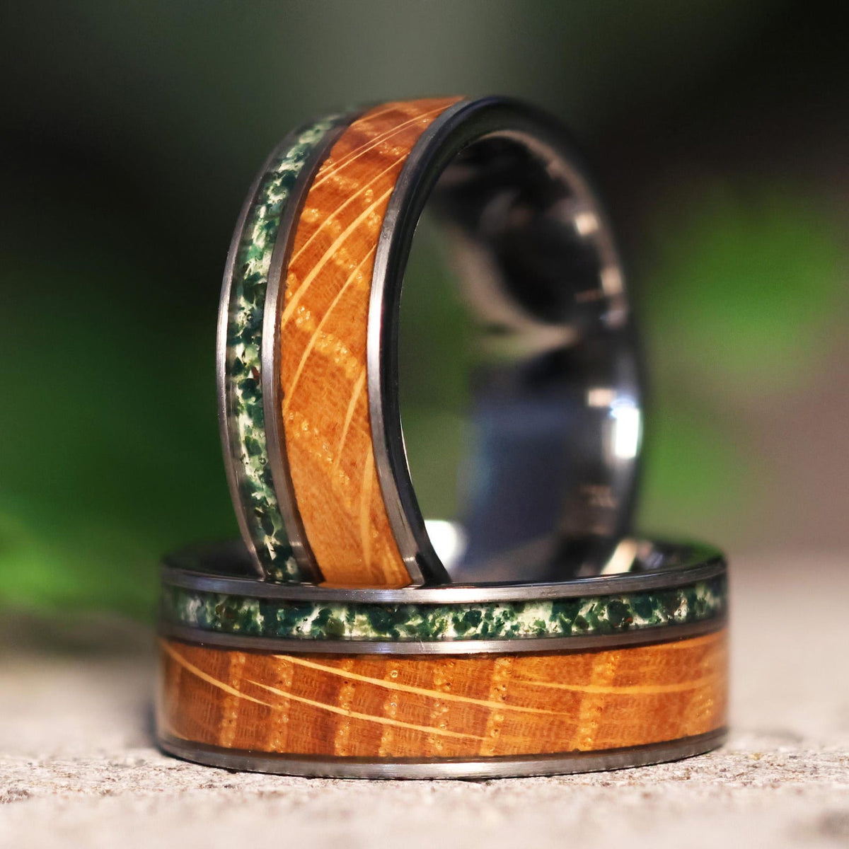 The Mossy Barrel: Whiskey Barrel x Moss Agate Gunmetal Tungsten Wood Wedding Ring Band