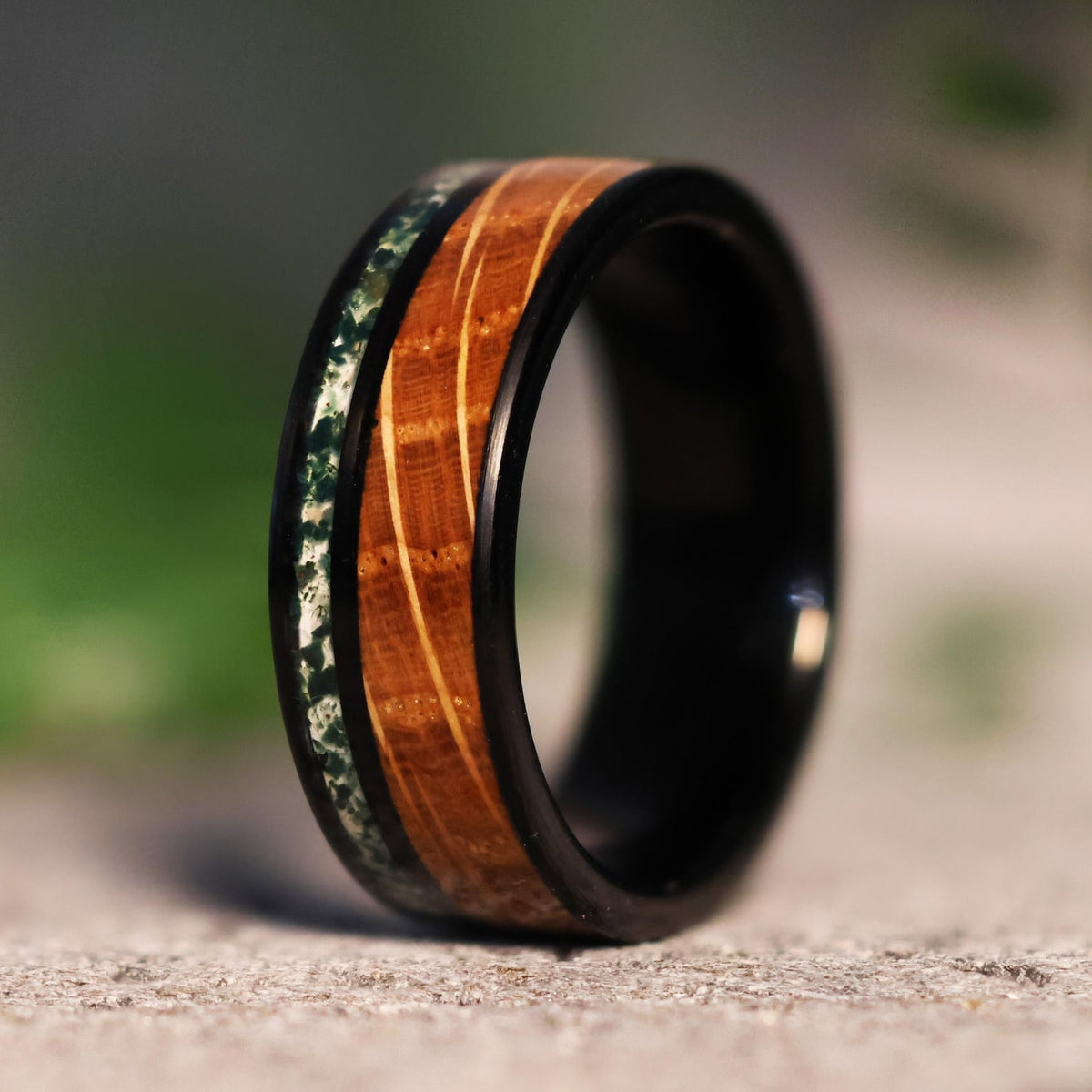 Whiskey Barrel︱Moss Agate︱Black Tungsten Wood Wedding Ring Band