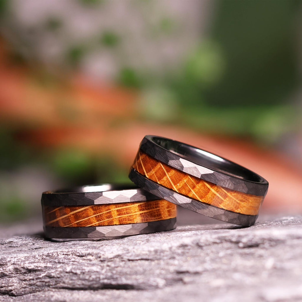Hammered Whiskey Barrel Gunmetal Tungsten Wood Ring Wedding Band with White Oak Inlay
