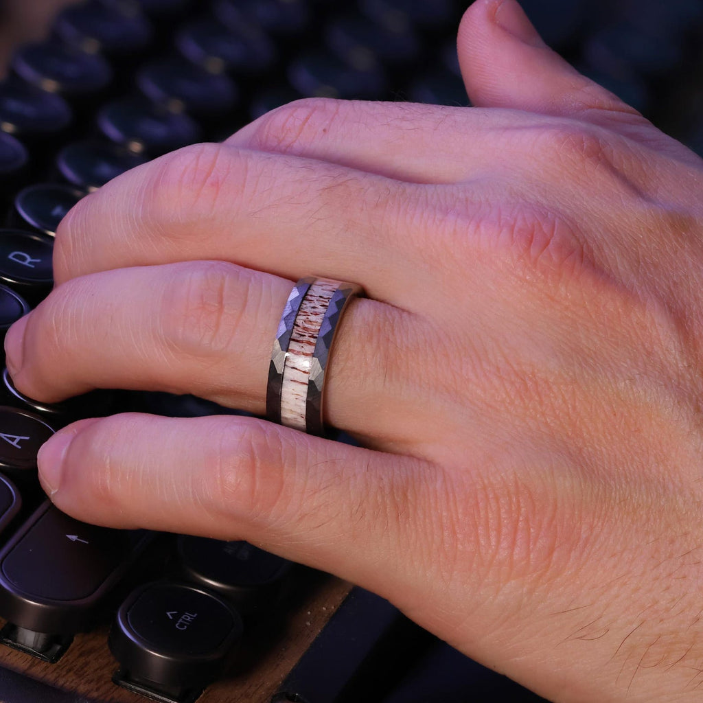 Hammered Antler Gunmetal Tungsten Wedding Band with Elk Antler Ring Inlay