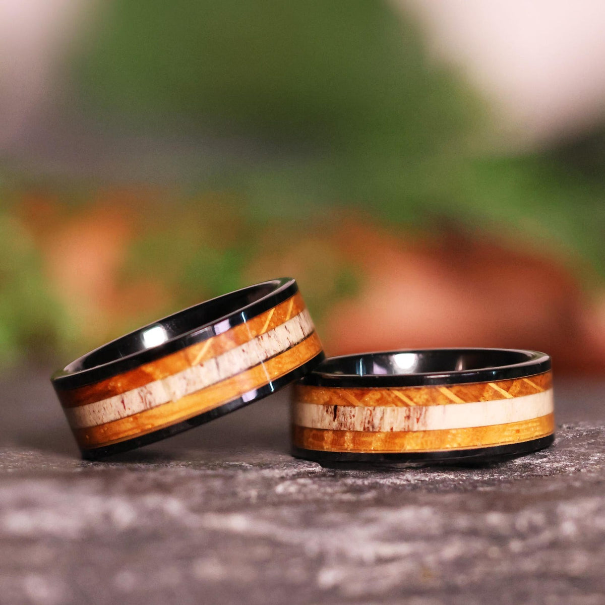The Tipsy Elk: Whiskey Barrel Wood Deer Antler Ring Inlay Black Ceramic Wedding Band