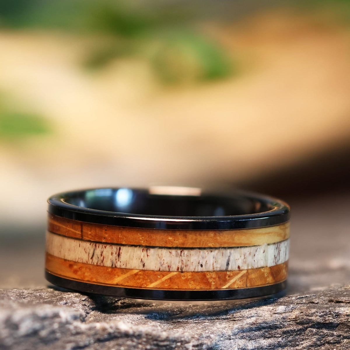 The Tipsy Elk: Whiskey Barrel Wood Deer Antler Ring Inlay Black Ceramic Wedding Band
