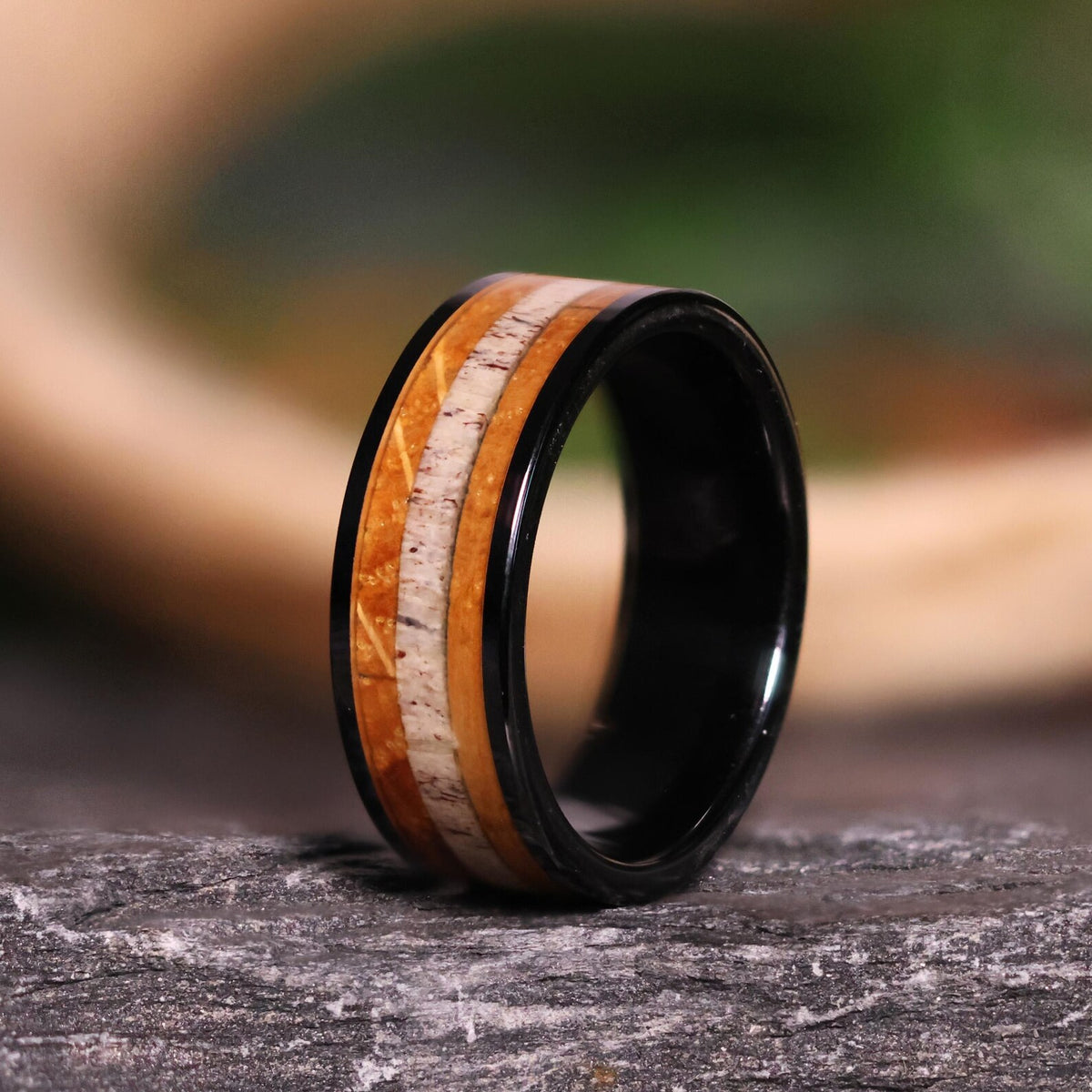 The Tipsy Elk: Whiskey Barrel Wood Deer Antler Ring Inlay Black Ceramic Wedding Band