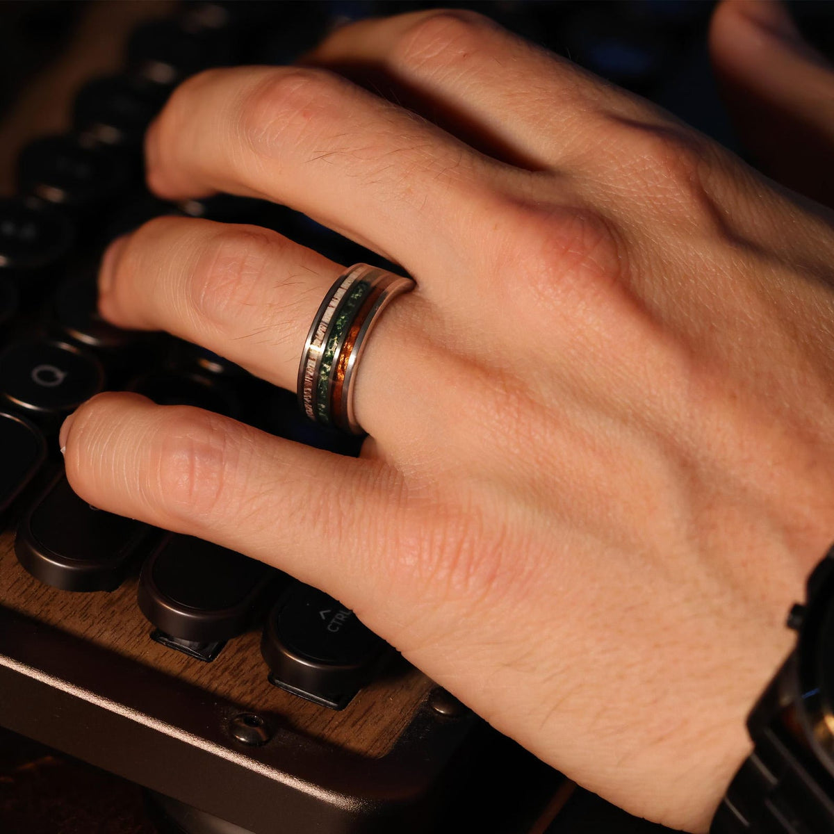 Moss Agate | Hawaiian Koa | Elk Antler  |  Wood Wedding Ring Band