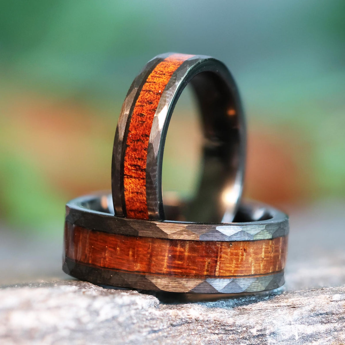 The MAUKA︱Hawaiian Koa Wood Ring︱Hammered Dark Gunmetal Tungsten band