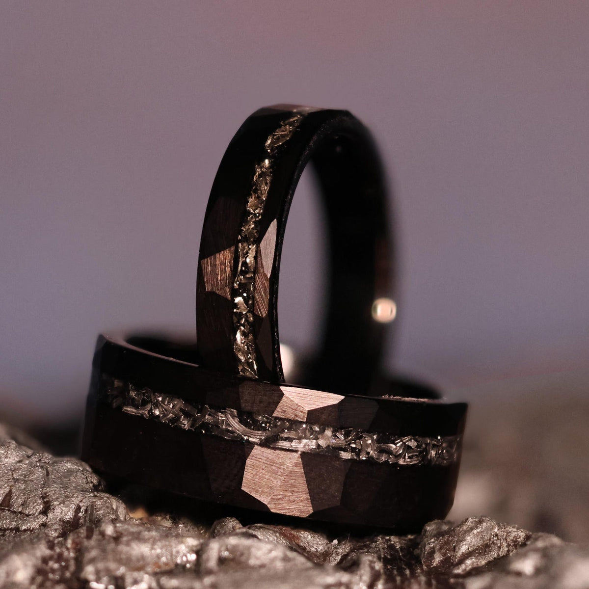 Black Space Rock Meteorite Wedding Ring: Hammered Tungsten Comfort Fit Band