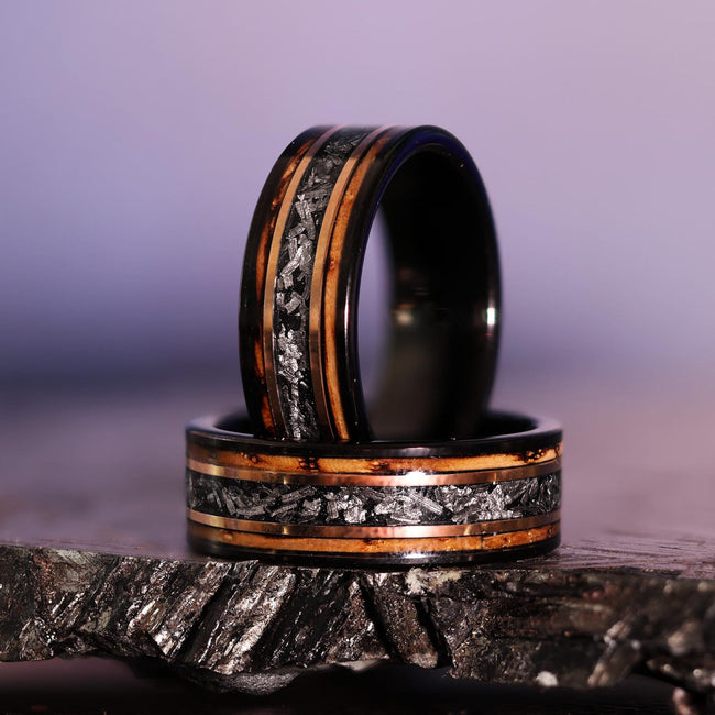 Meteorite Whiskey Barrel Wood Ring: 18k Rose Gold Tungsten Band