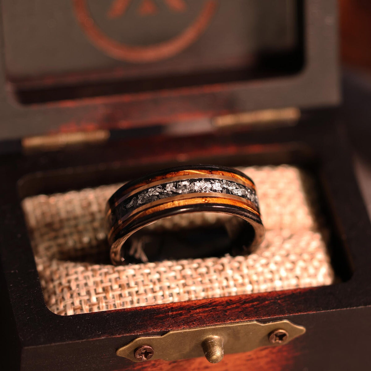 Meteorite Whiskey Barrel Wood Ring: 18k Rose Gold Tungsten Band