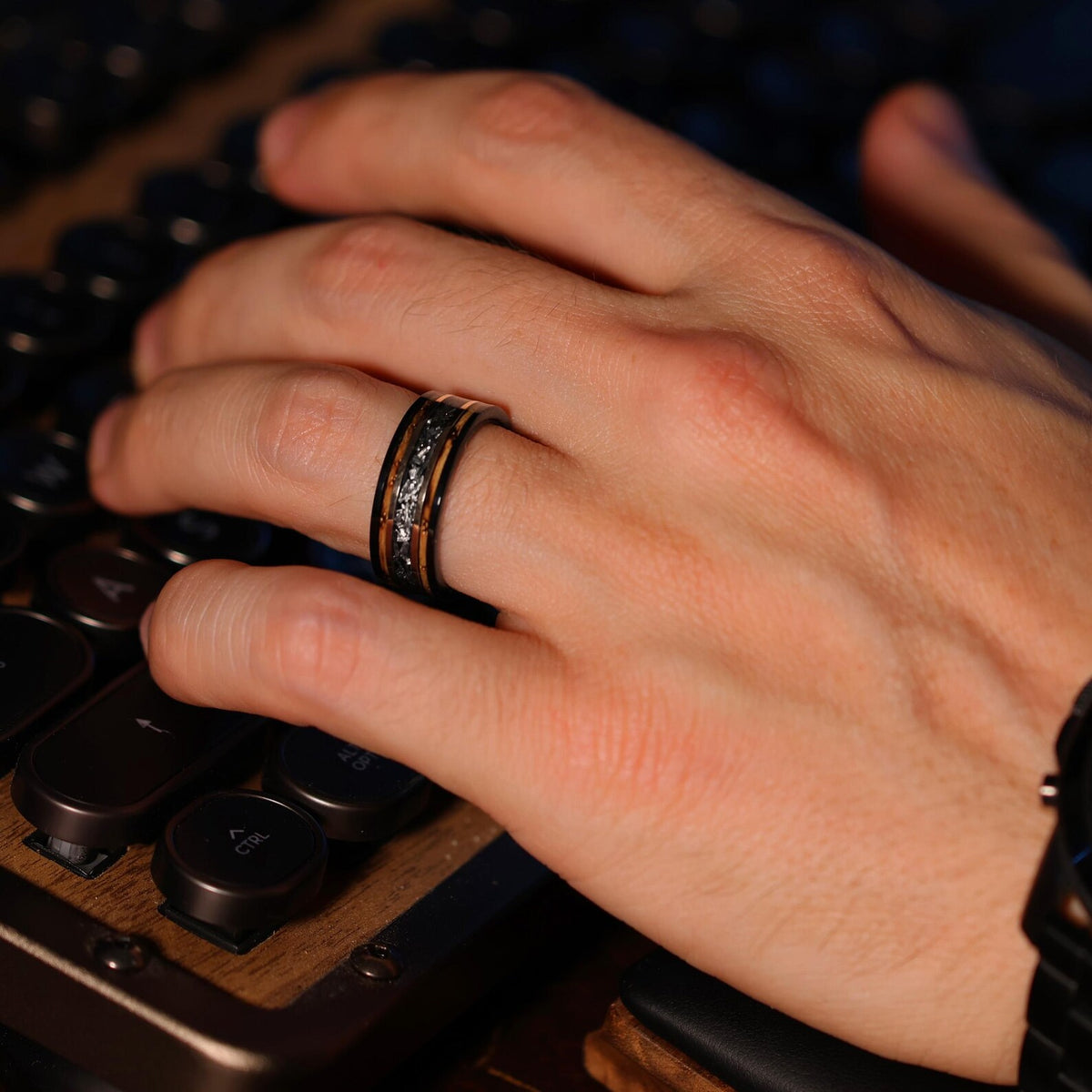 Meteorite Whiskey Barrel Wood Ring: 18k Rose Gold Tungsten Band