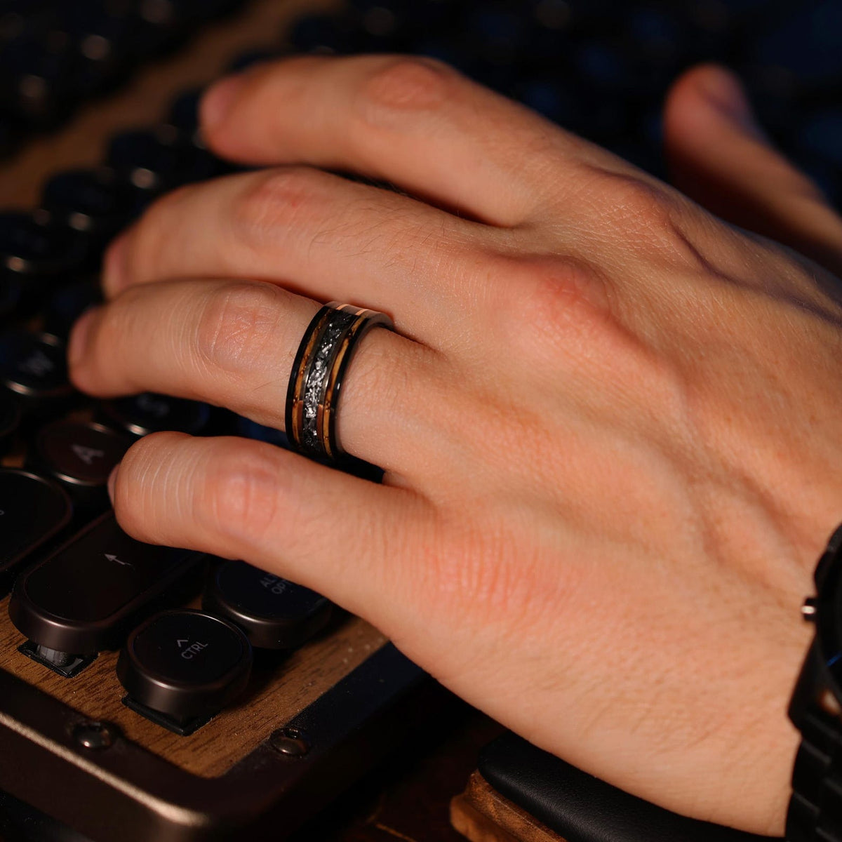Meteorite Whiskey Barrel Wood Ring: 18k Rose Gold Tungsten Band
