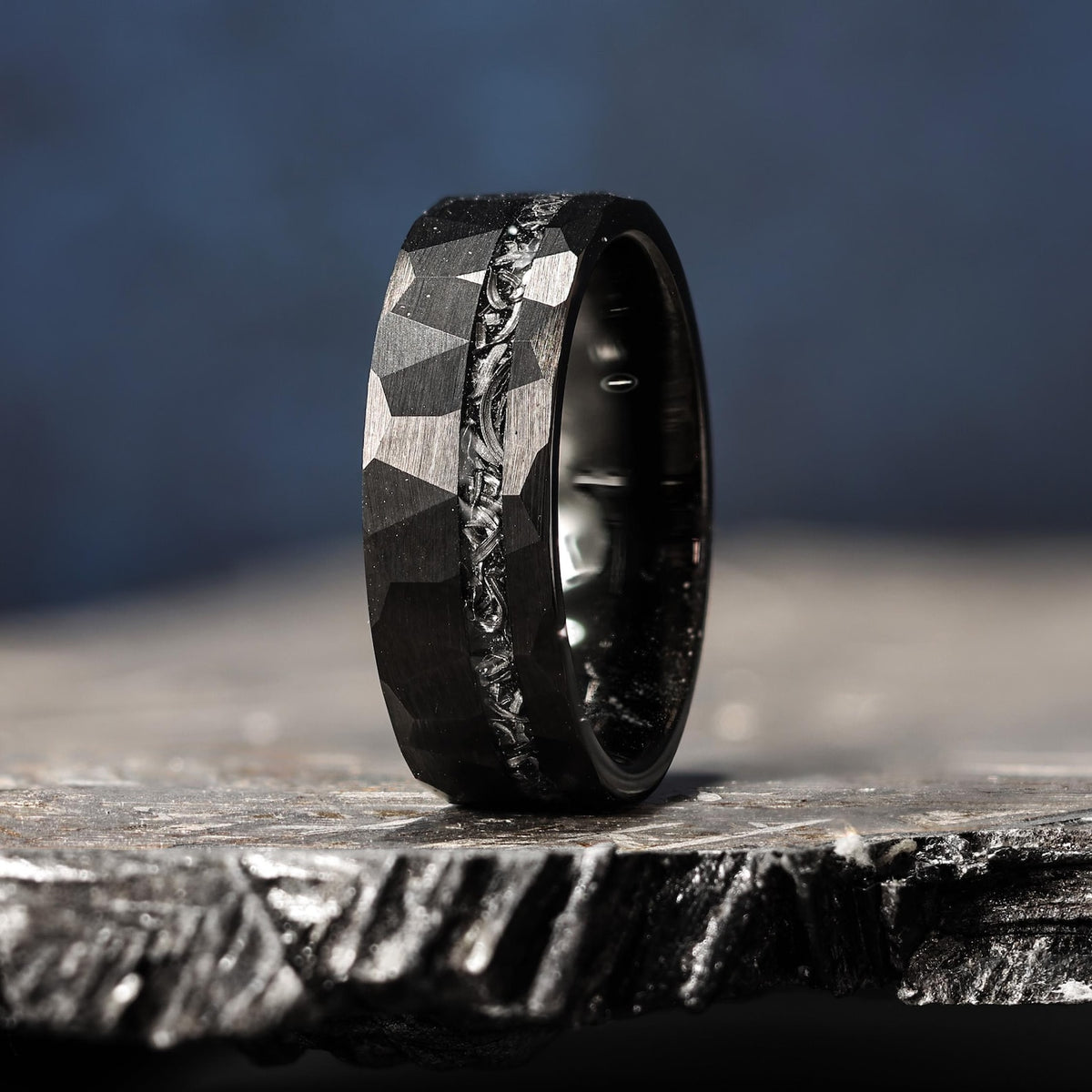 Black Space Rock Meteorite Wedding Ring: Hammered Tungsten Comfort Fit Band