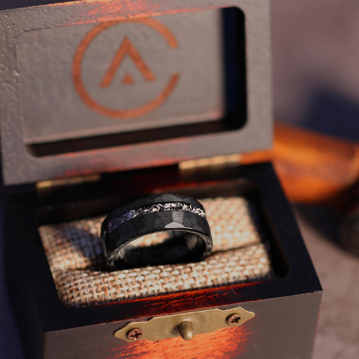 Black Space Rock Meteorite Wedding Ring: Hammered Tungsten Comfort Fit Band