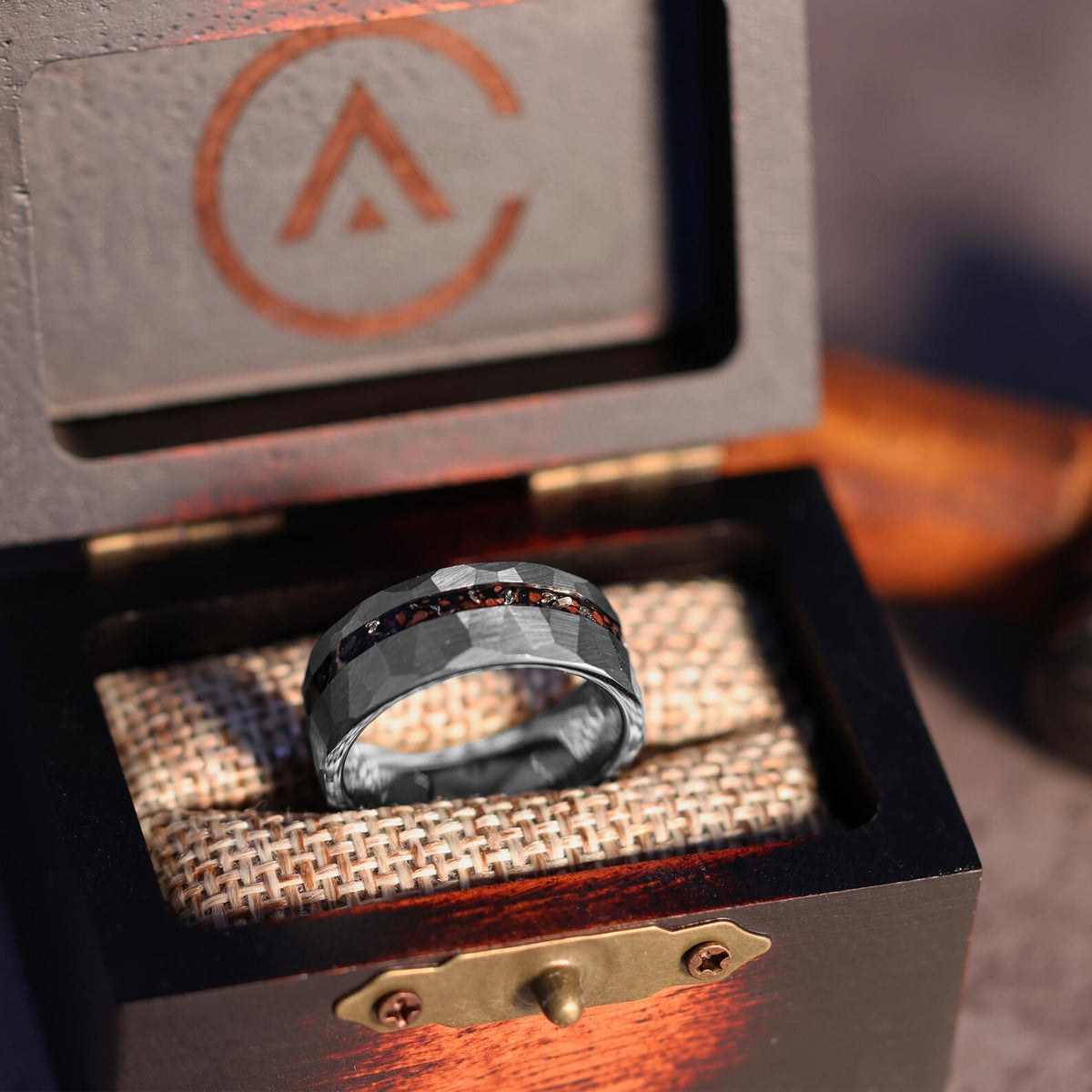 The Genesis: Dino Bone & Meteorite Hammered Silver Tungsten Offset Dinosaur fossil Wedding Band Ring