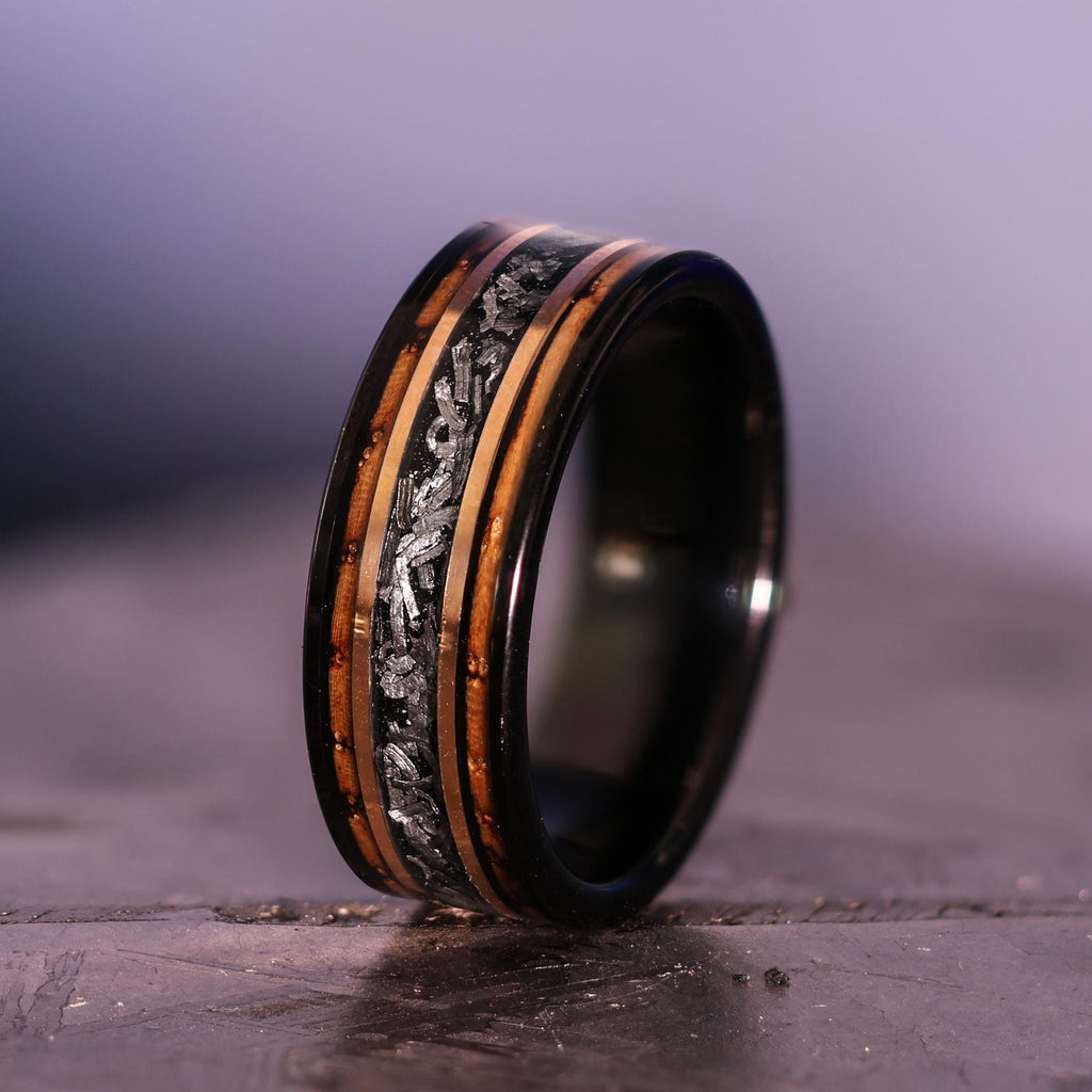 Meteorite Whiskey Barrel Wood Ring: 18k Rose Gold Tungsten Band