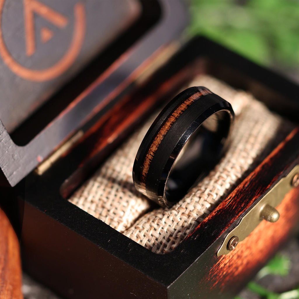 The MAUI : Hawaiian Koa Wood Black Tungsten Mens Wedding Ring