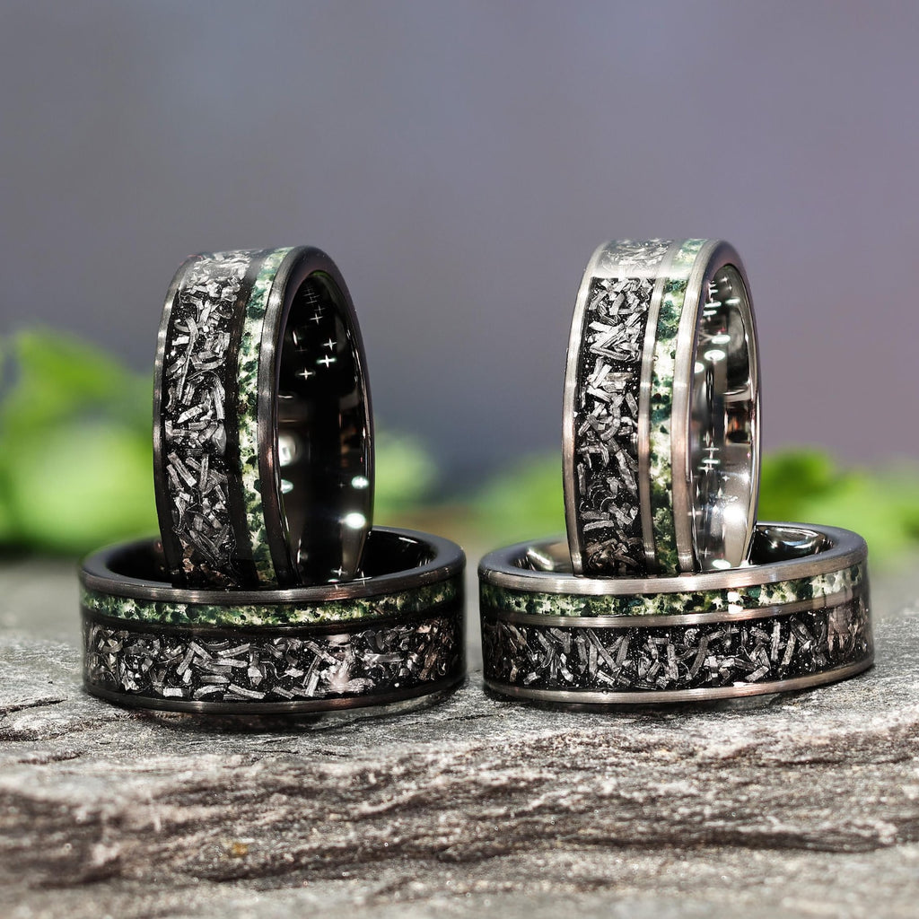 Moss Agate Space Rock Meteorite Wedding Ring in 8mm Band