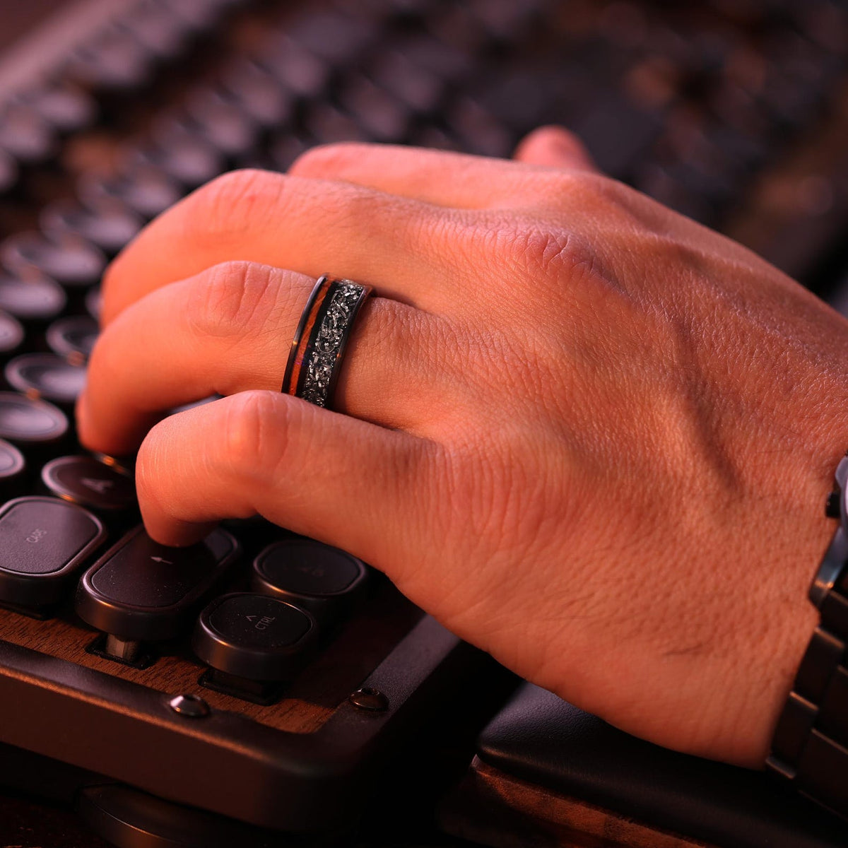 Gibeon Meteorite Whiskey Barrel Wood Ring