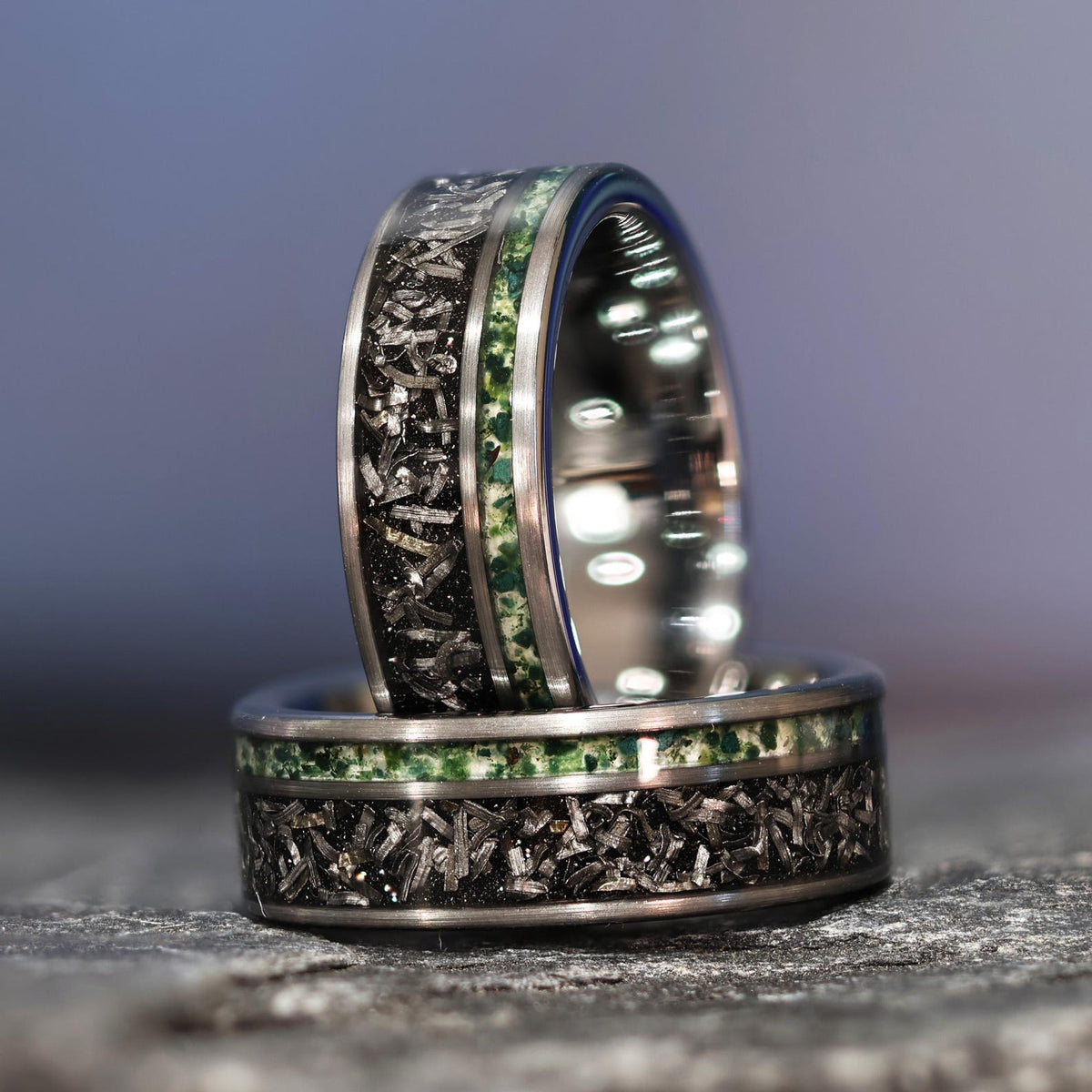Moss Agate Space Rock Meteorite Wedding Ring in 8mm Band