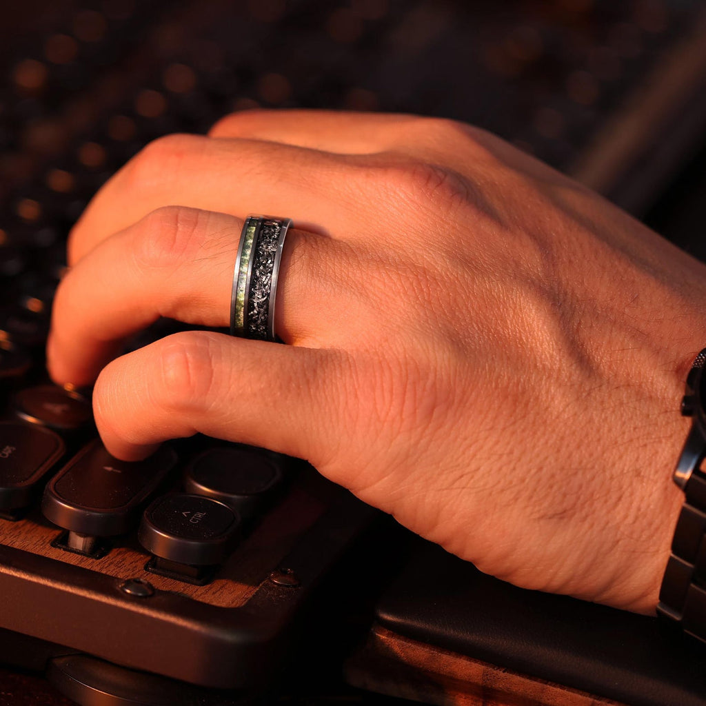 Moss Agate Space Rock Meteorite Wedding Ring in 8mm Band
