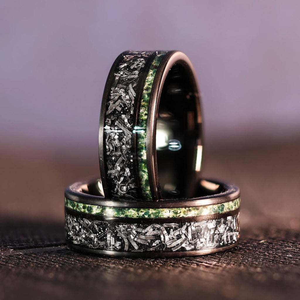 Moss Agate Space Rock Meteorite Wedding Ring in 8mm Band