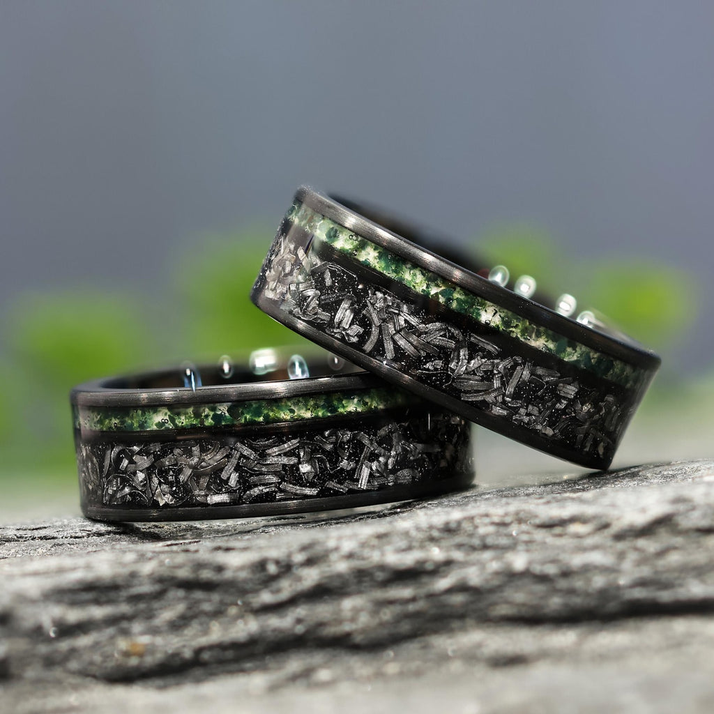 Moss Agate Space Rock Meteorite Wedding Ring in 8mm Band