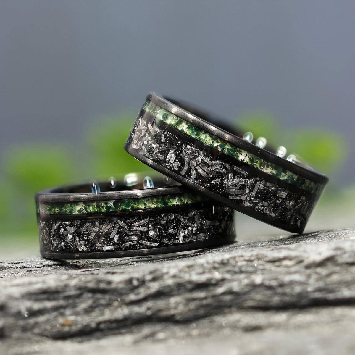 Moss Agate Space Rock Meteorite Wedding Ring in 8mm Band