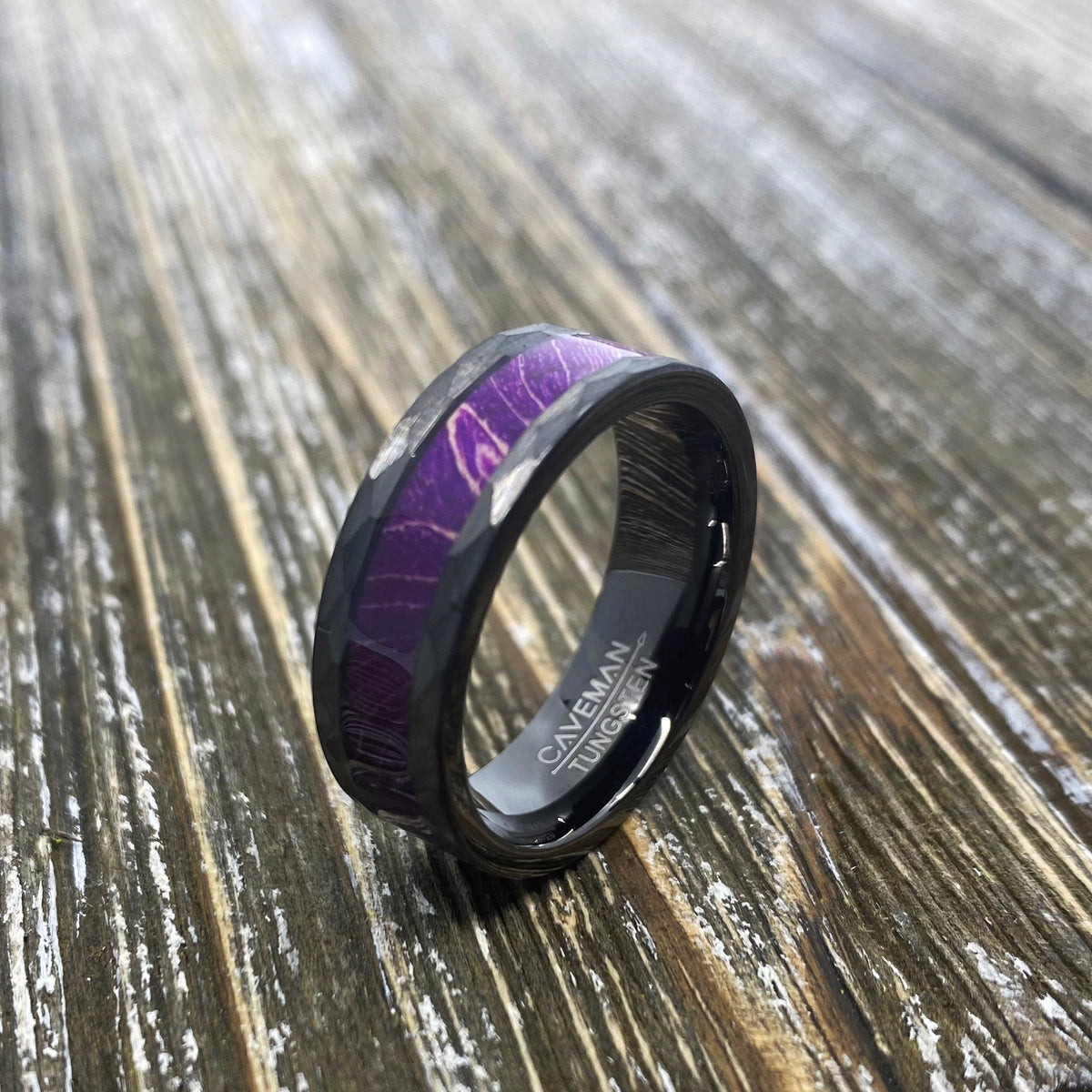 Couples Set: Royal Purple Box Elder Wood Gunmetal Hammered Tungsten ring