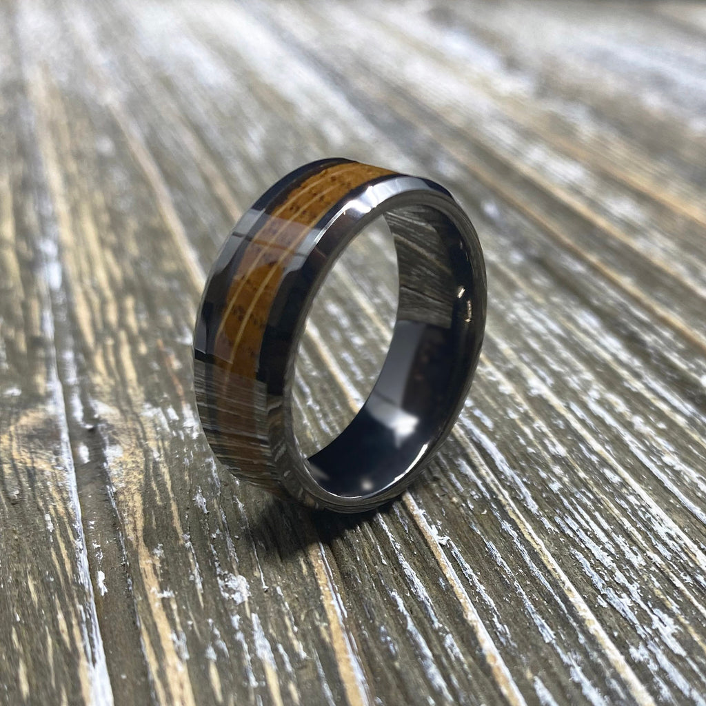 Couples Set Whiskey Barrel Gunmetal Tungsten Wedding Band with White Oak Ring Inlay