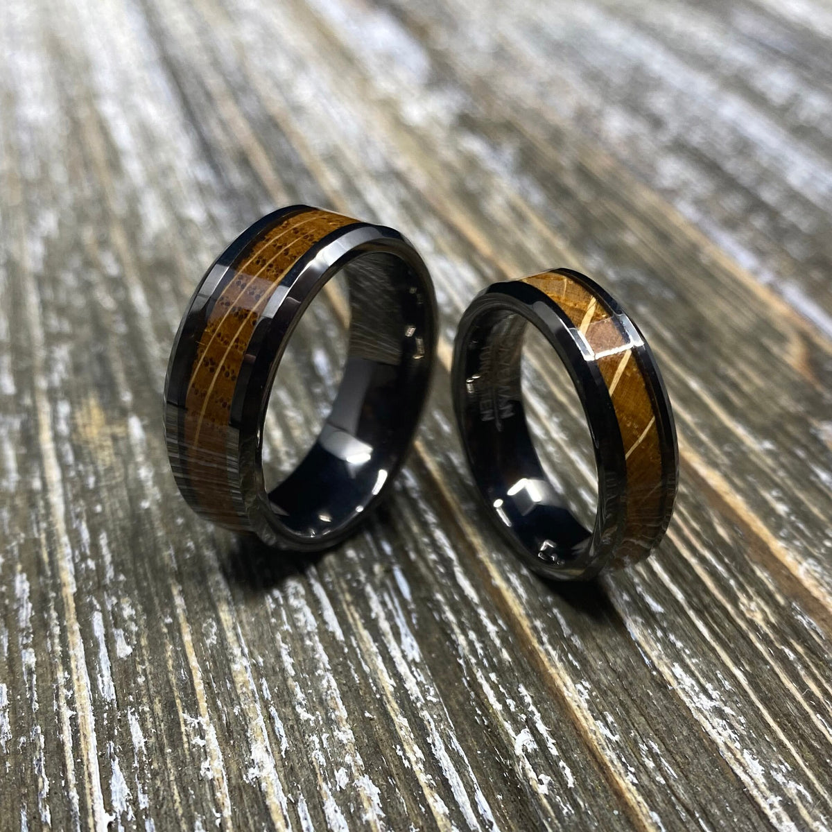 Couples Set Whiskey Barrel Gunmetal Tungsten Wedding Band with White Oak Ring Inlay