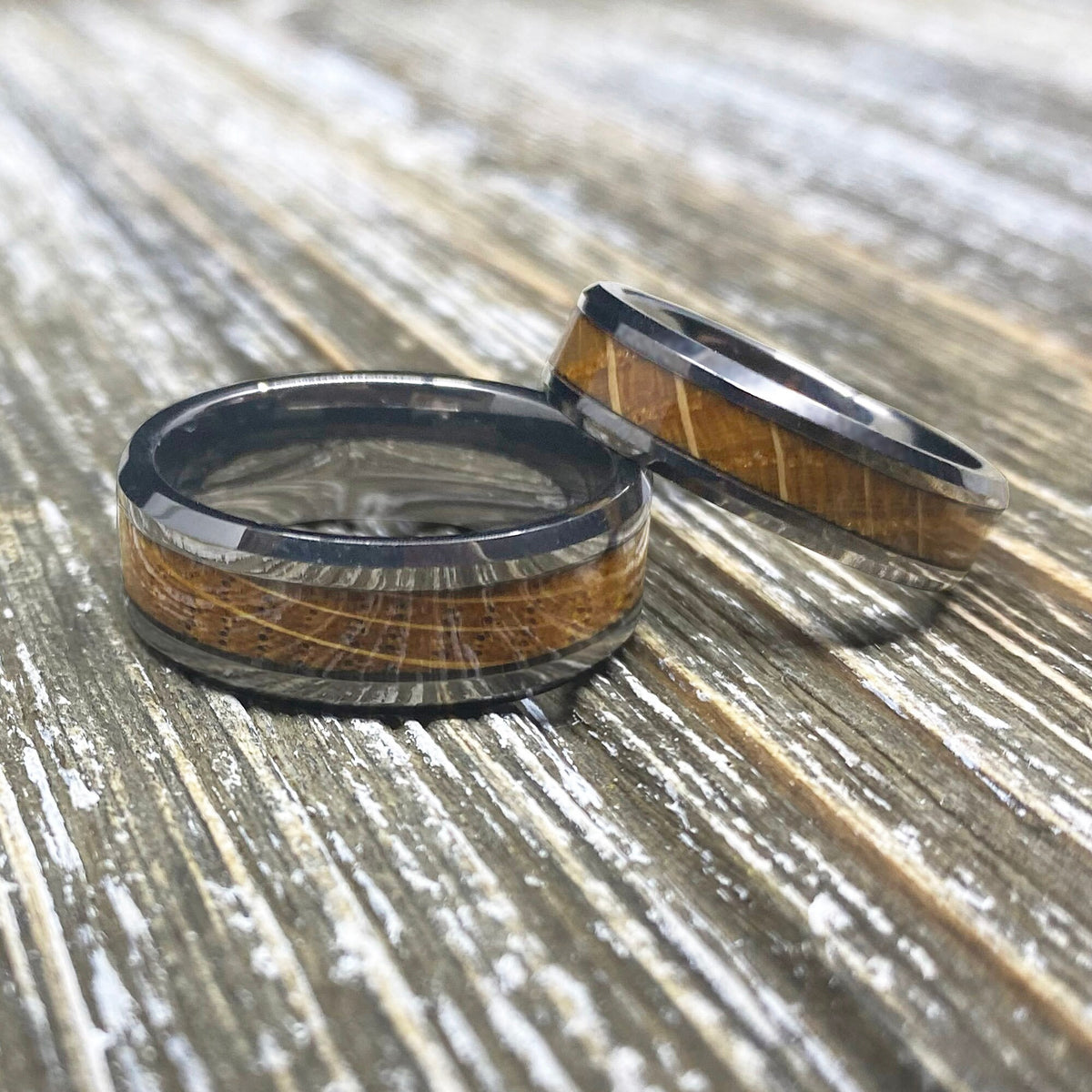 Couples Set Whiskey Barrel Gunmetal Tungsten Wedding Band with White Oak Ring Inlay