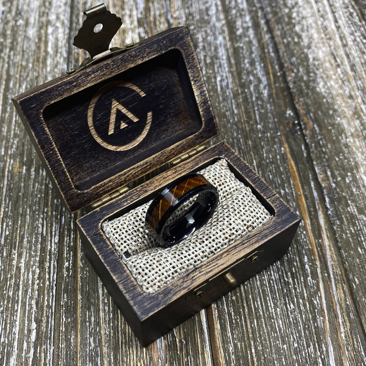 Couples Set Whiskey Barrel Black Tungsten Wedding Band with White Oak Whiskey Ring Inlay