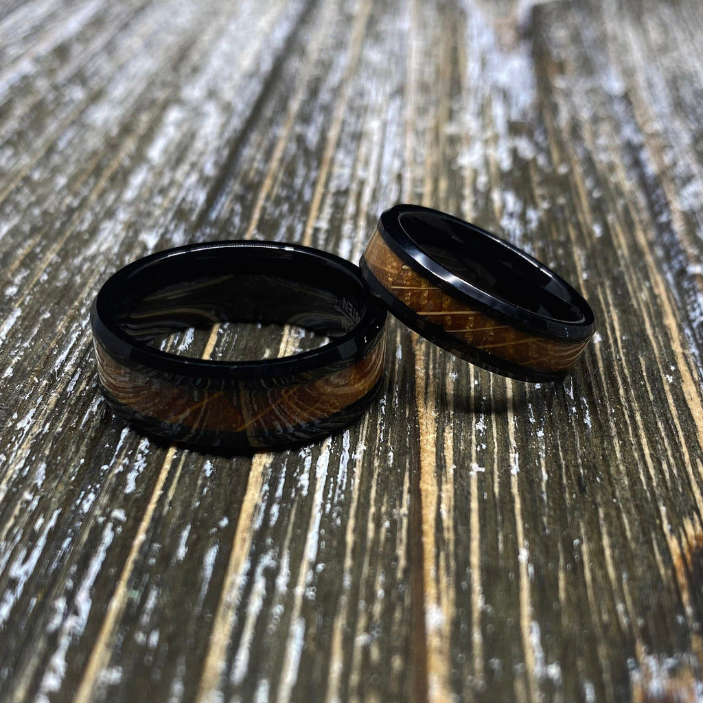 Couples Set Whiskey Barrel Black Tungsten Wedding Band with White Oak Whiskey Ring Inlay