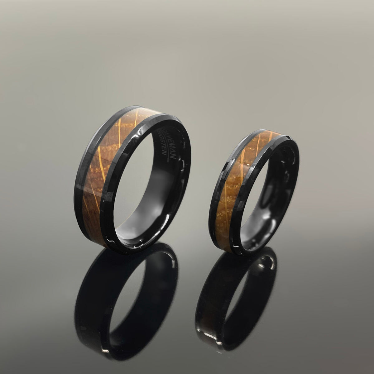 Couples Set Whiskey Barrel Black Tungsten Wedding Band with White Oak Whiskey Ring Inlay