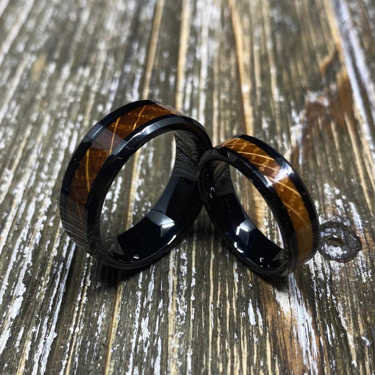 Couples Set Whiskey Barrel Black Tungsten Wedding Band with White Oak Whiskey Ring Inlay