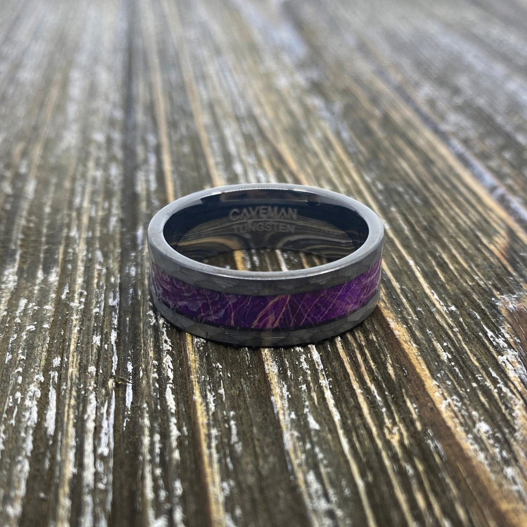 Couples Set: Royal Purple Box Elder Wood Gunmetal Hammered Tungsten ring