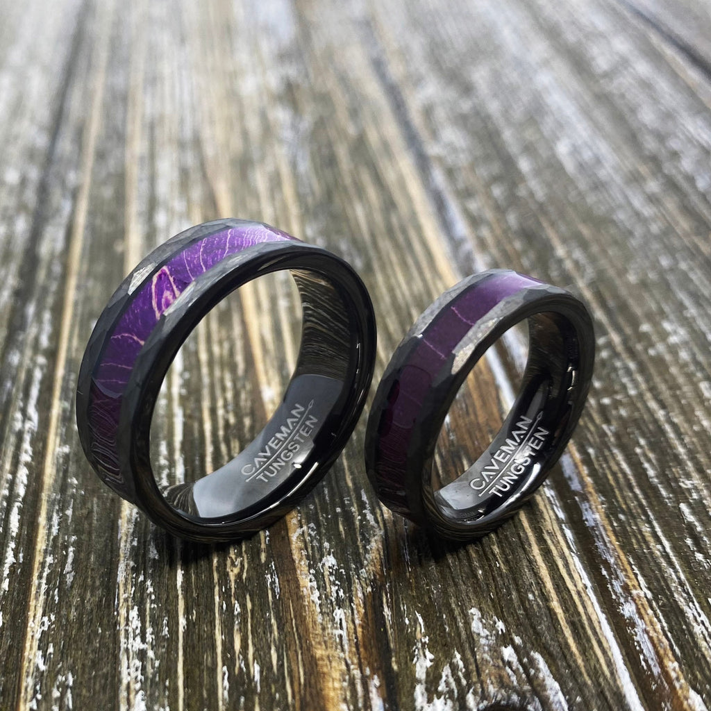 Couples Set: Royal Purple Box Elder Wood Gunmetal Hammered Tungsten ring