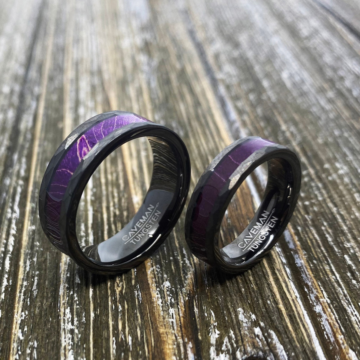 Couples Set: Royal Purple Box Elder Wood Gunmetal Hammered Tungsten ring