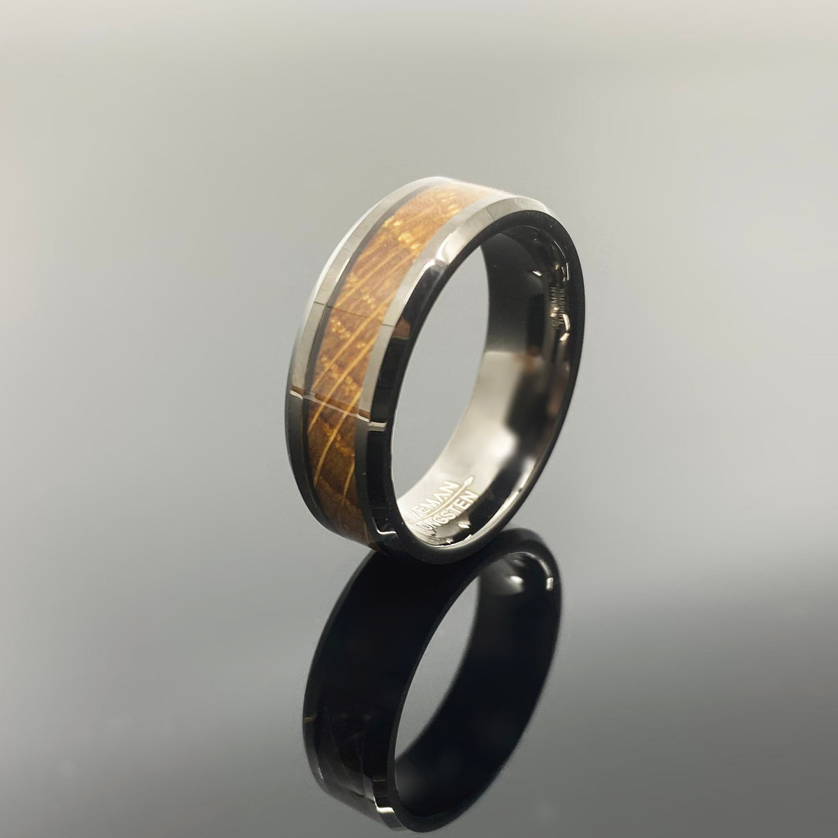 Couples Set Whiskey Barrel Gunmetal Tungsten Wedding Band with White Oak Ring Inlay