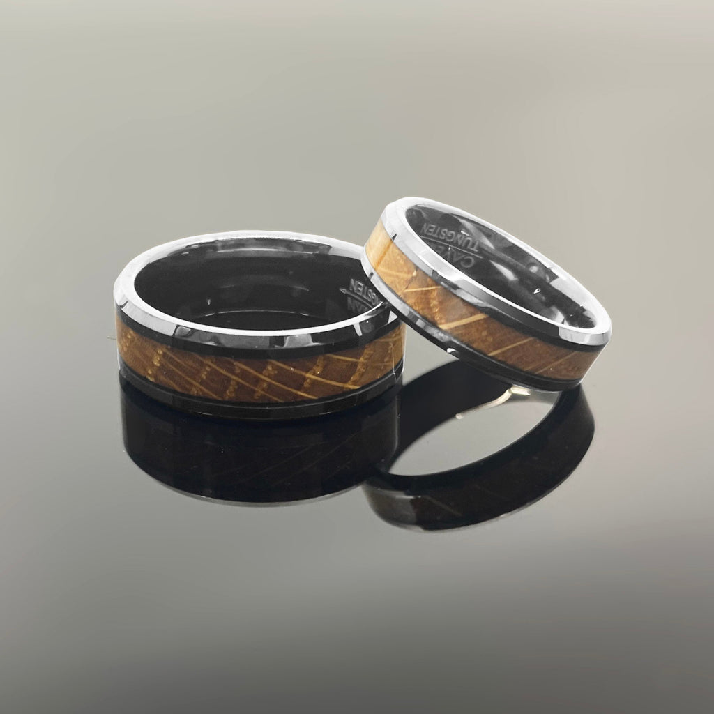 Couples Set Whiskey Barrel Gunmetal Tungsten Wedding Band with White Oak Ring Inlay