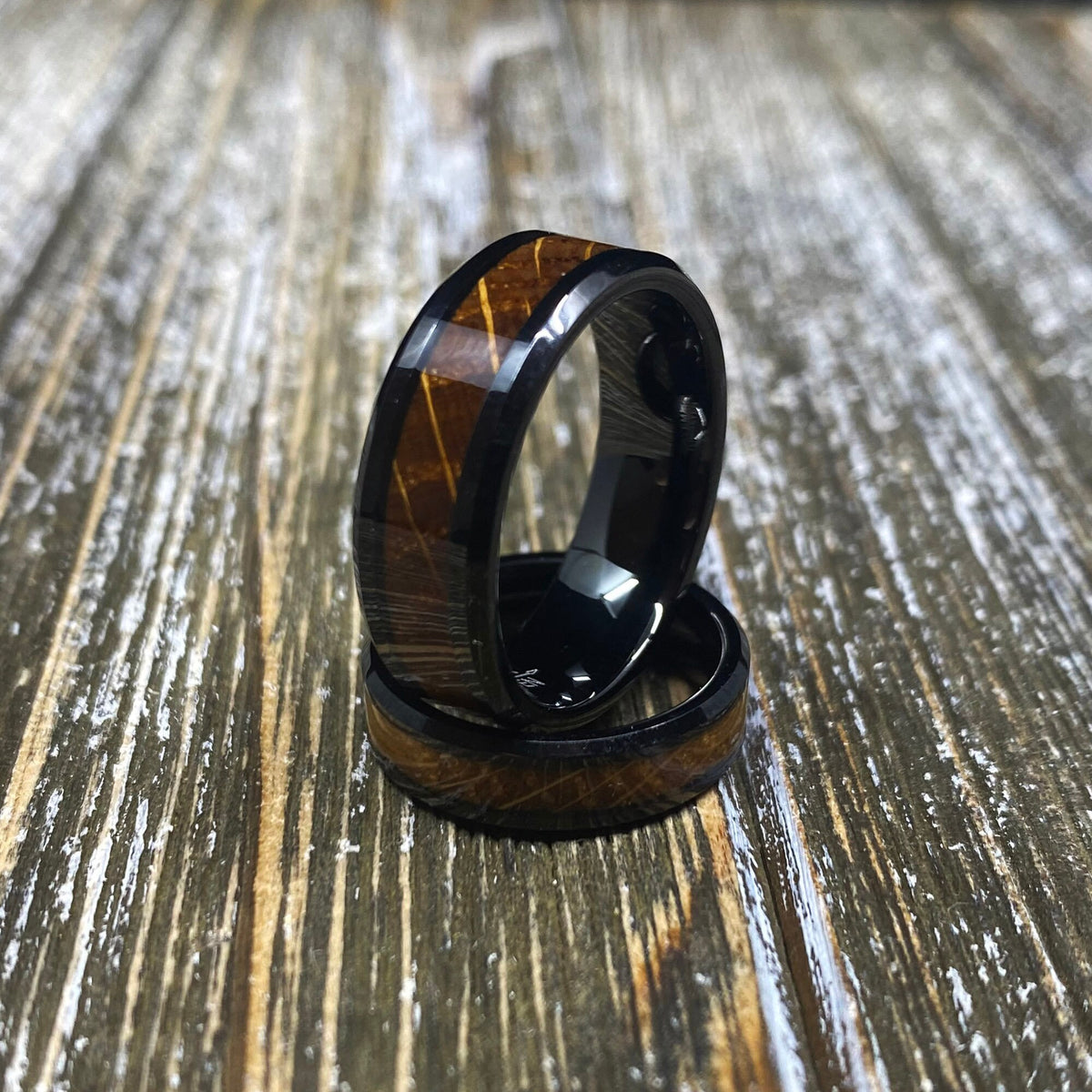Couples Set Whiskey Barrel Black Tungsten Wedding Band with White Oak Whiskey Ring Inlay