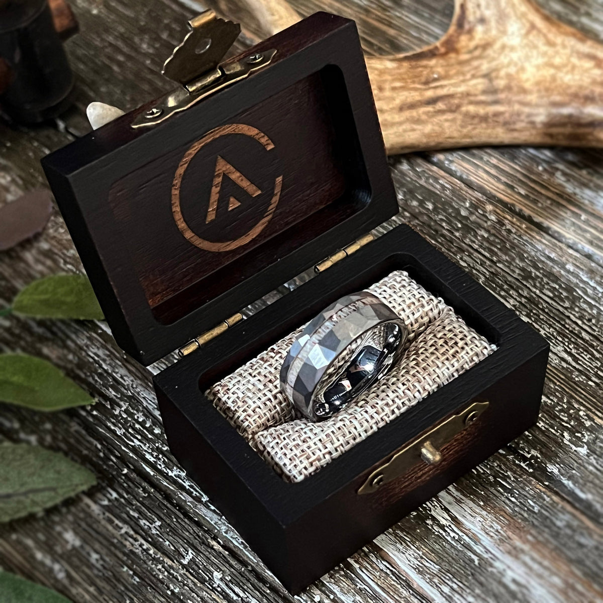 Reclaimed Antler Hammered Tungsten Wedding Band: The Silver Elk Ring