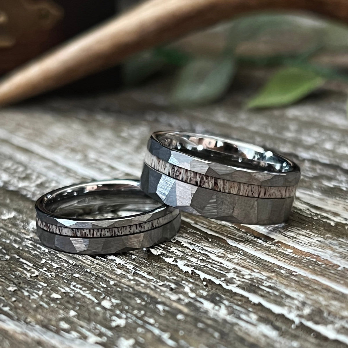 Reclaimed Antler Hammered Tungsten Wedding Band: The Silver Elk Ring