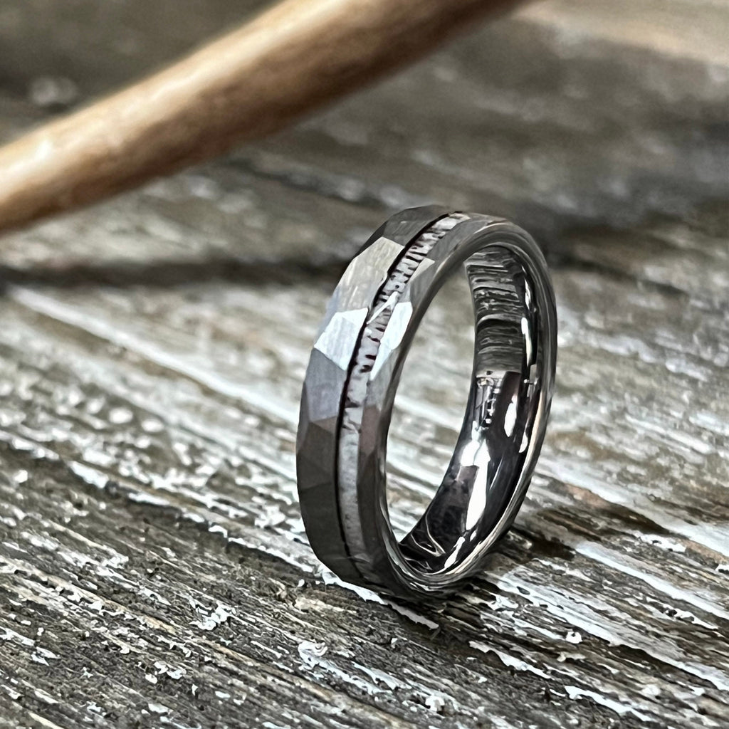 Reclaimed Antler Hammered Tungsten Wedding Band: The Silver Elk Ring