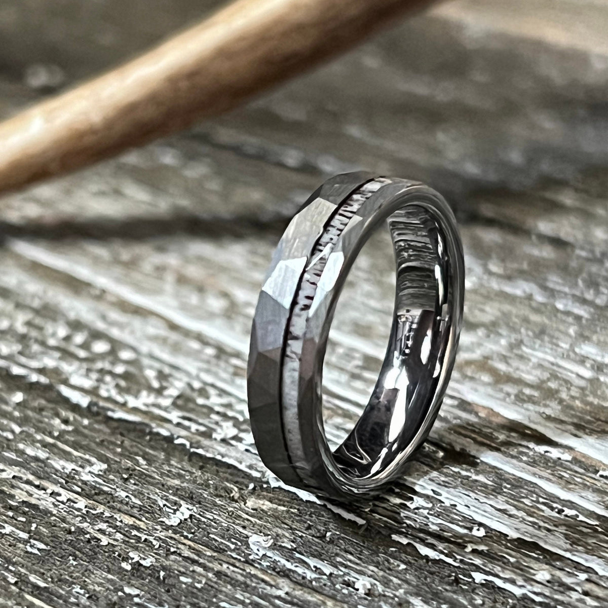 Reclaimed Antler Hammered Tungsten Wedding Band: The Silver Elk Ring