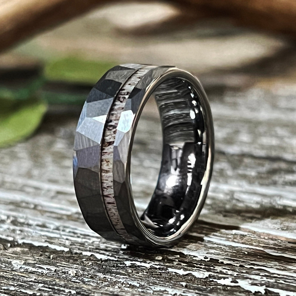 Reclaimed Antler Hammered Tungsten Wedding Band: The Silver Elk Ring