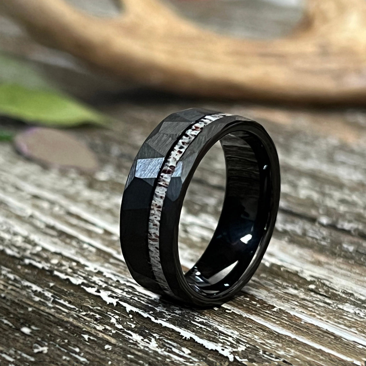 Reclaimed Antler Hammered Tungsten Wedding Band: The Silver Elk Ring